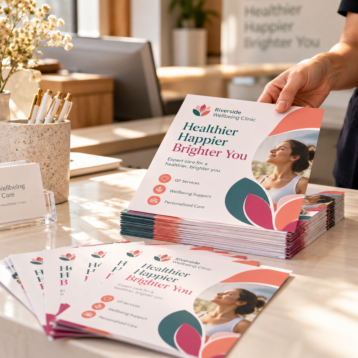 Printed flyers displayed on a table