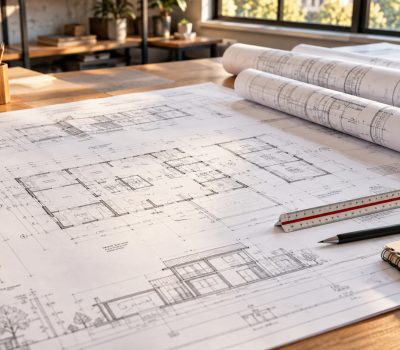 Large-format architectural drawings laid out on a desk