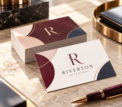 Printed business cards displayed on a wooden desk