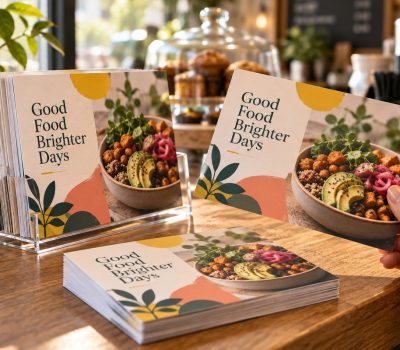 Printed postcards displayed in a café setting