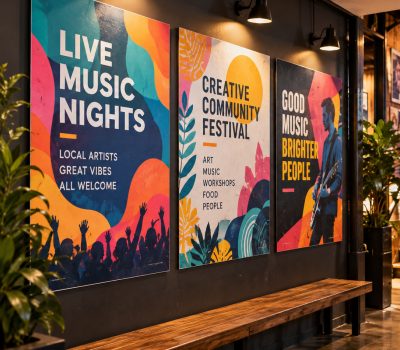 Large-format posters displayed inside a venue corridor