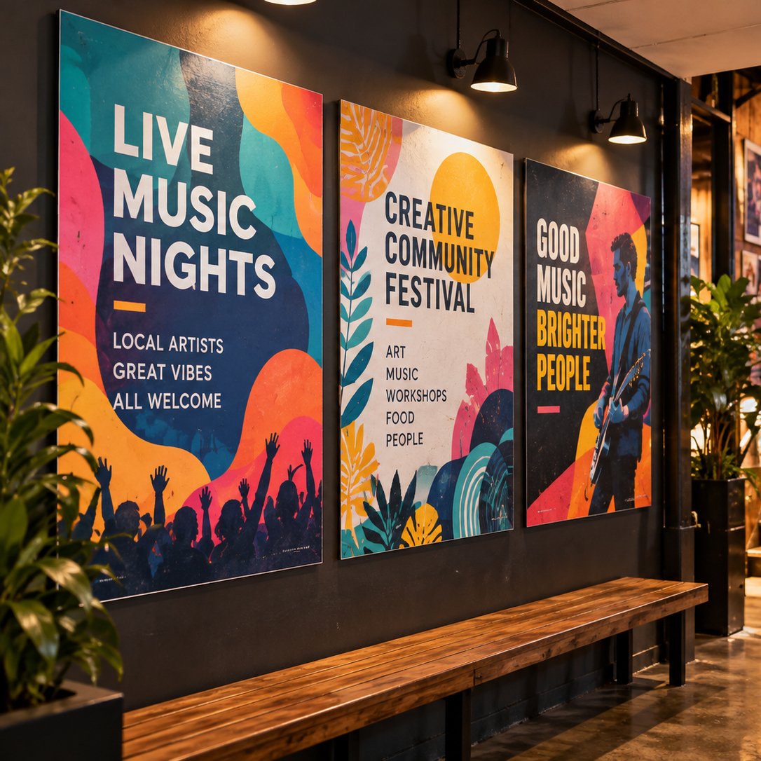 Large-format posters displayed inside a venue