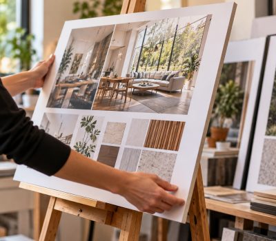 Mounted presentation board displayed on an easel