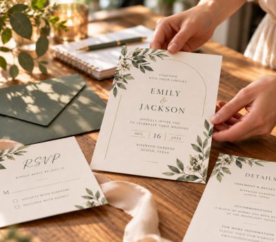 Botanical wedding invitation suite with RSVP and details card