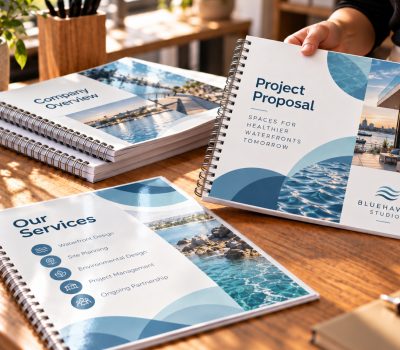 Wire-bound printed proposal booklets displayed on a desk